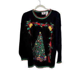 Nutcracker Black Christmas Tree Embroidered Sweater Holiday Party Womens Large